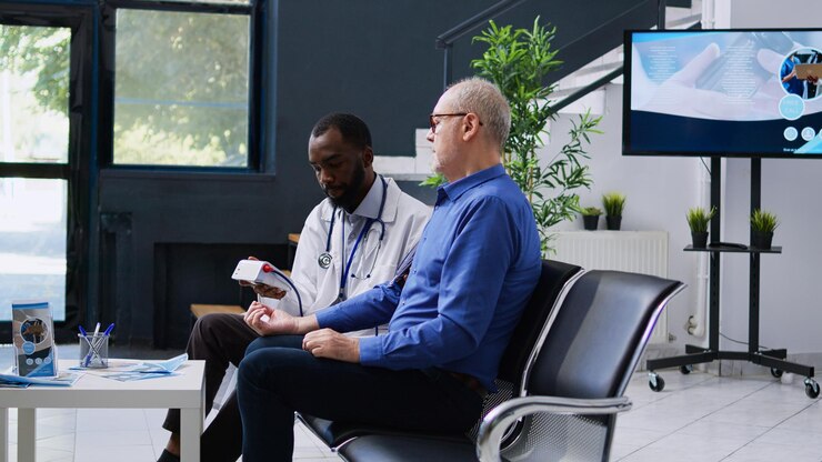A caregiver in blue smiles at his client.